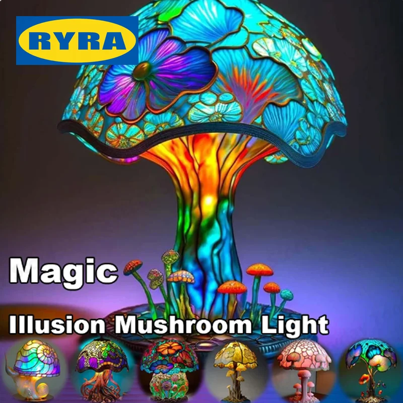 Vintage Stained Glass Mushroom Table Lamp Plant Series Snail Octopus Creative Colorful Bedroom Bedside Flower Retro Night Light