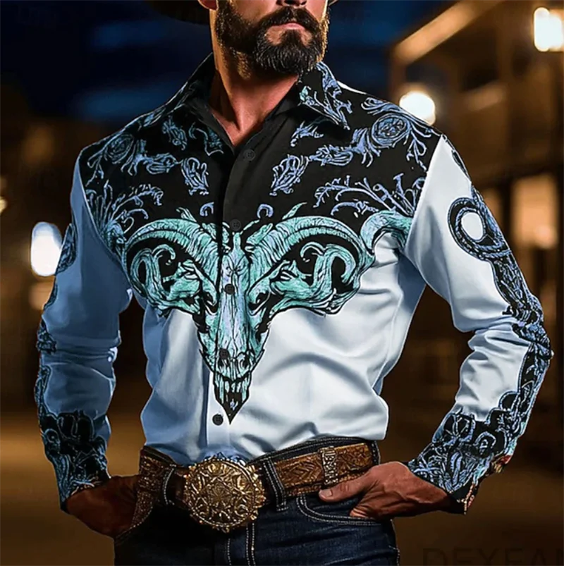 

Men's Fashion Sheephead Printed Shirt Vintage Style Printed Men's Casual Neck Long Sleeve Shirt Men's Clothing Top