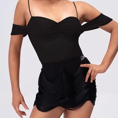 Nieuwe Shoulder Drop Geplooide Sling Band Trainingsjurk Top Franje Design Rok Vrouw Latin Danser Performance Prom Dress