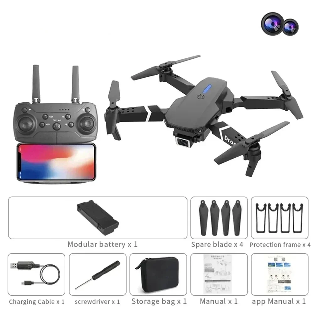 Drone professionnel E88, caméra SD à Angle Standard, WiFi fpv, maintien en hauteur, hélicoptère Quadrotor RC pliable, jouets pour enfants sans caméra