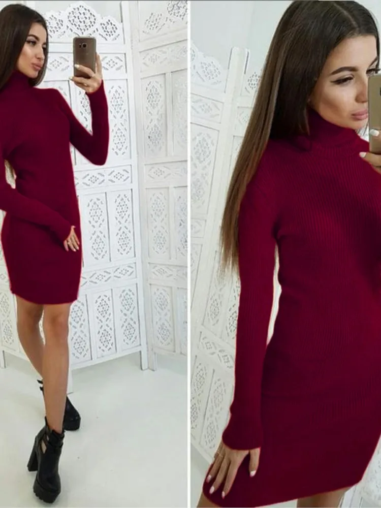 

Pullover Sweater Dress For Women Long Sleeve Turtleneck Ribbed Knit Bodycon Short Dress 2025 Fall Winter Tight Sweater Dresses