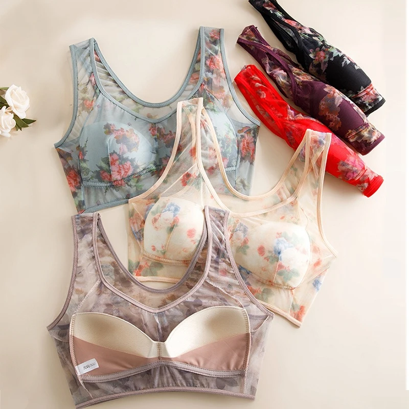 Pregnant Women Large Size Floral Pattern Mesh Bra Women's No Steel Ring Breathable Comfortable Skin-Friendly Bra Small Vest