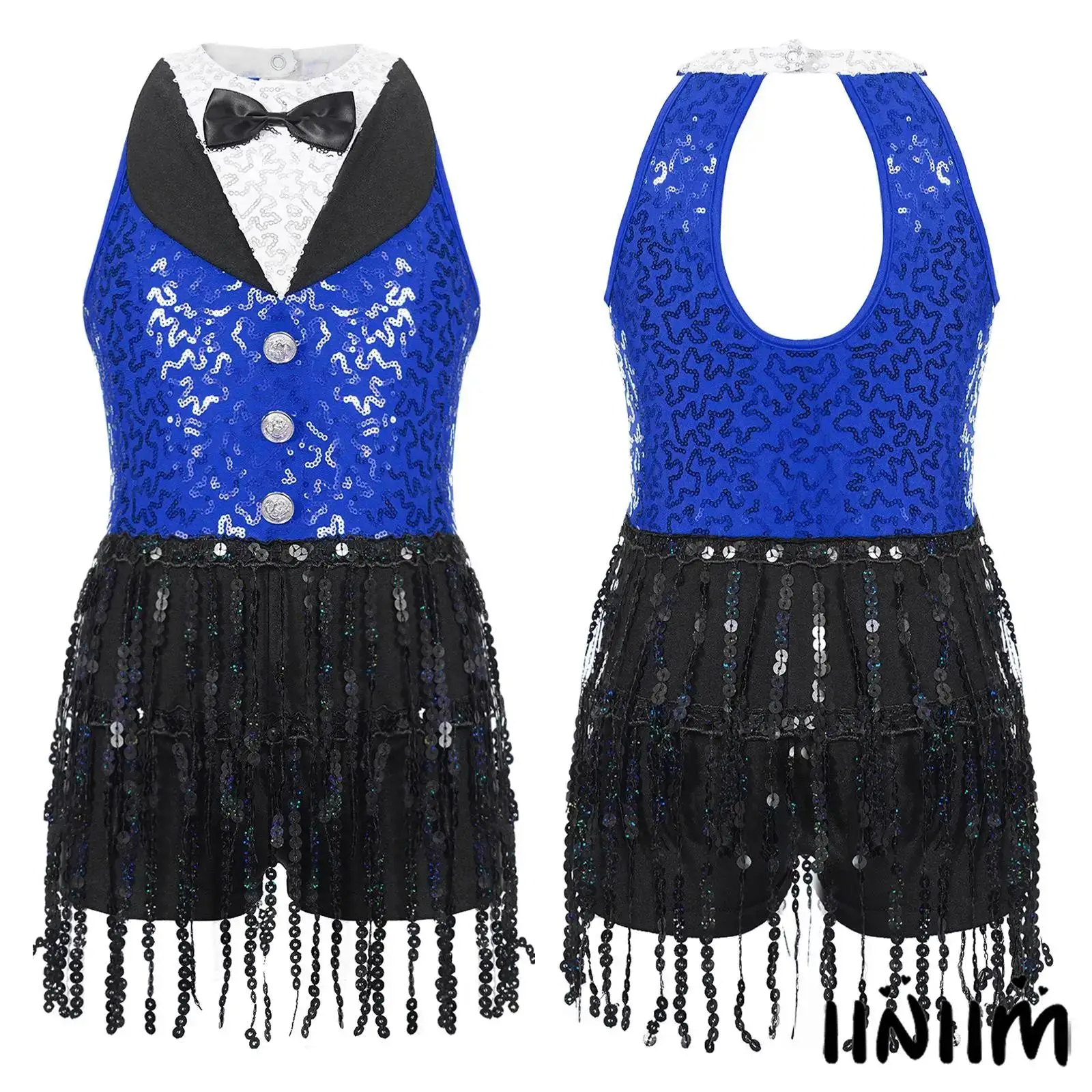 

Latin Jazz Cha-Cha Dance Sequin Dress Girls Dancing Party Costume Sleeveless Vintage Buttons Tassel Competitions Bodysuit