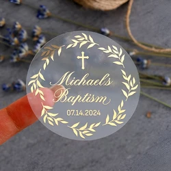 50pcs Personalized Baptism Stickers Round Transparent Gold Silver Foil Sticker Personalized Baptism Label Stickers