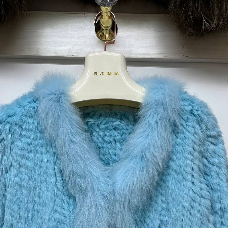 2024 Winter kurze gestrickte echte Kaninchen Pelzmantel mit Fuchs Pelz besatz warme weibliche blaue echte Pelz jacke mit Tasche