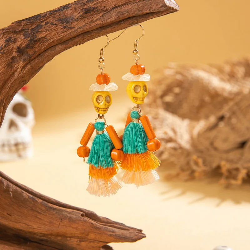 Gothic Punk Halloween Skelett-Ohrhänger für Frauen, Ethnische Kreative Lange Quasten-Ohrringe, Böhmischer Fransen-Schmuck für Festivals – Detail 6