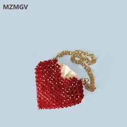 Fashion Red Heart Shape Beaded Bag Mini Handmade Acrylic Bead Gold Chain Shoulder Bag Female Evening Bag Wedding Party Clutches