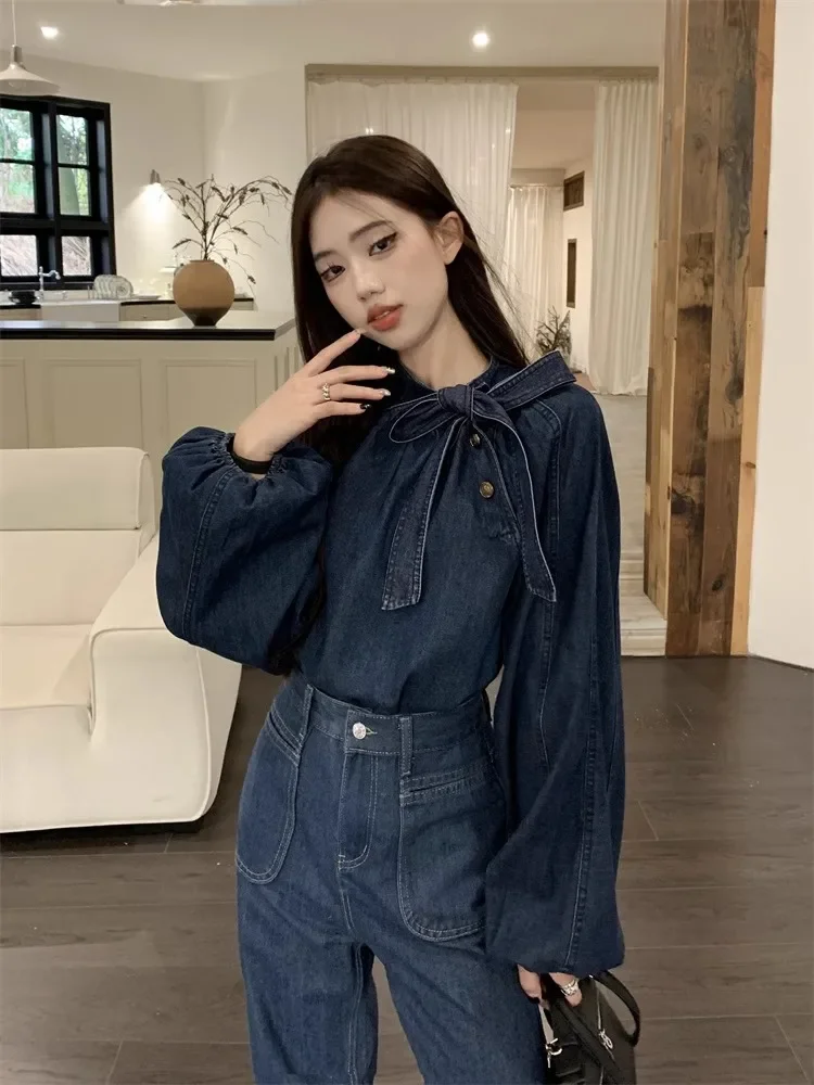 Ezgaga Denim Shirts Women Bow Bandage Puff Long Sleeve O Neck Button Vintage Fashion Ladies Blouse Elegant Tops Casual