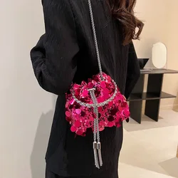 Mini Bucket Shiny Handbags and Purses for Women 2023 New In Luxury Designer Clutch Bag Sequin Crossbody Bags with Round Handle