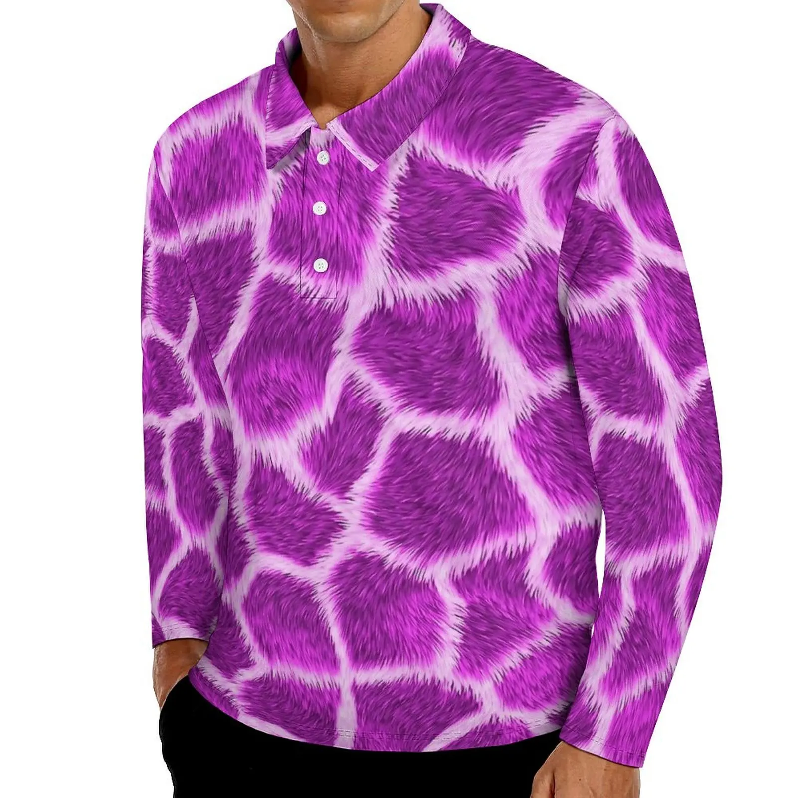 Fuchsia Giraffe Print Polo Shirts Autumn  Casual Shirt Long Sleeve Collar Fashion Printed Oversized T-Shirts