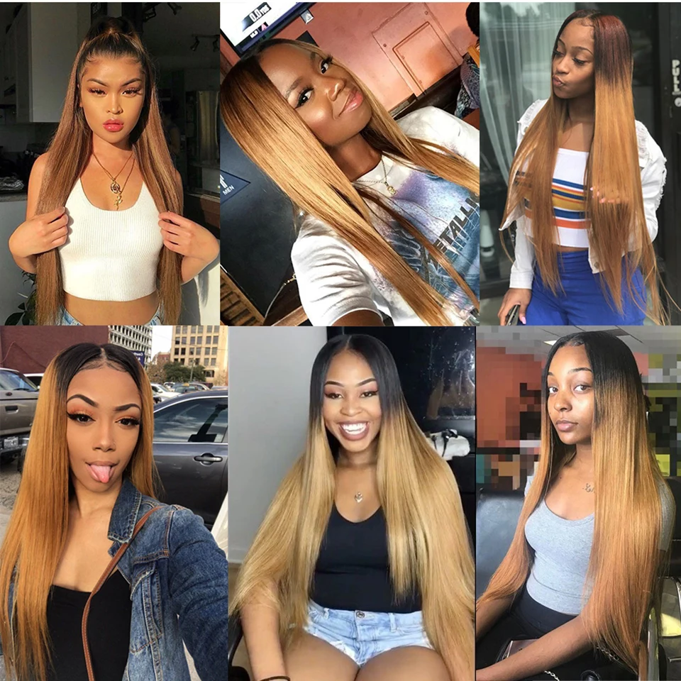 Straight Human Hair Bundles With Closure 1B/27 Honey Blonde Ombre Bundles With Closure Remy Straight Bundles With Closure 10A