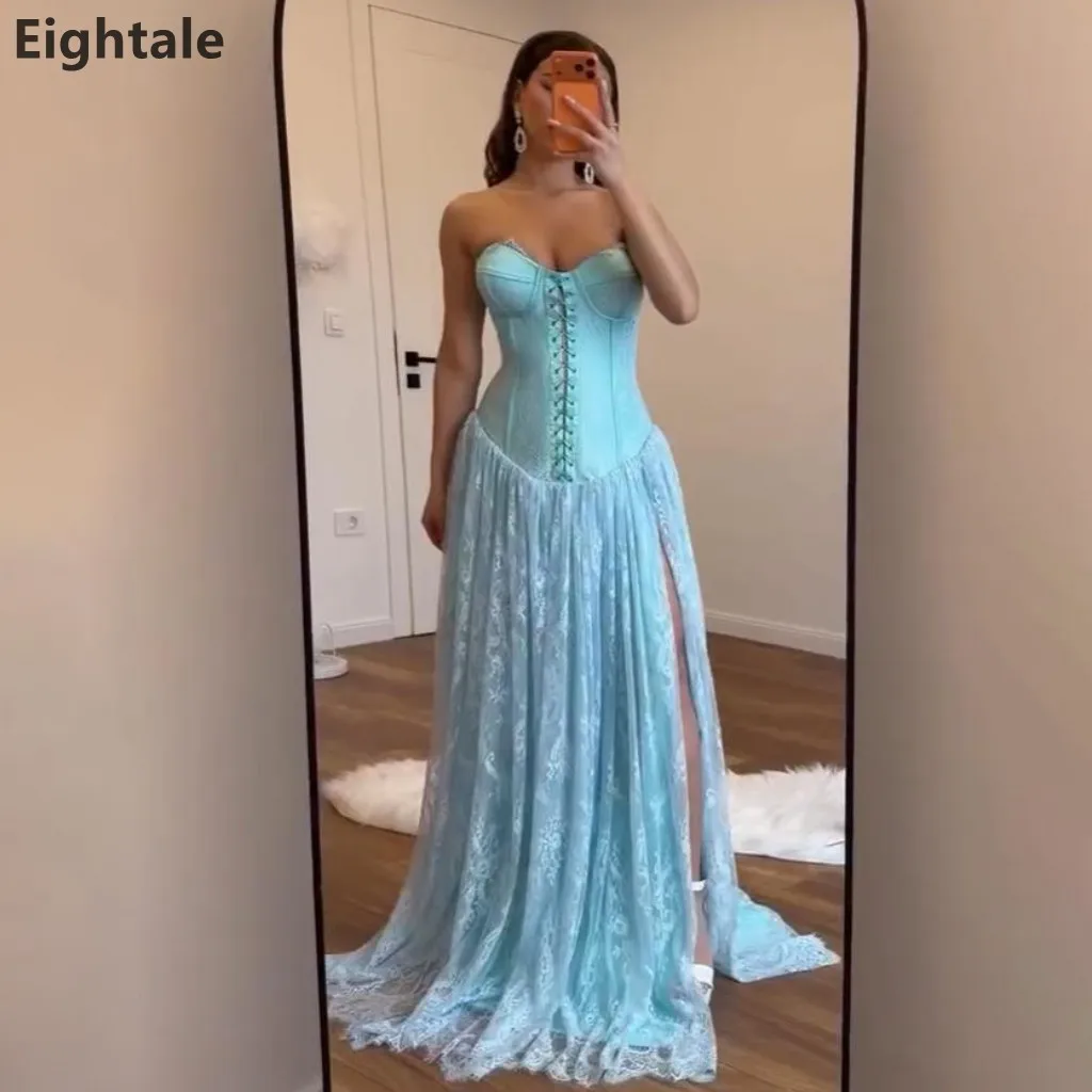 

Eightale 2026 Turquoise Strapless Evening Dress Lace Corset Prom Dress with High Slit and Train Formal Party Gown Customized