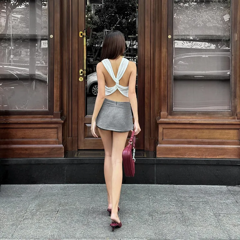 Spring 2025 Women's Sexy Pure Color T-Shirt European Style Stackable Collar Backless Pleated Slim Fit Vest Top Trendy Ins Style