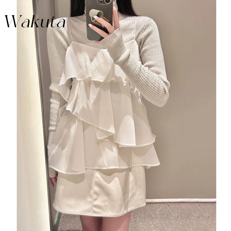 WAKUTA Japanese Sweet Spring/Autumn New High Collar Knitted Shirt Retro Ruffle Edge Slimming Strap Urban Women's Two Piece Sets