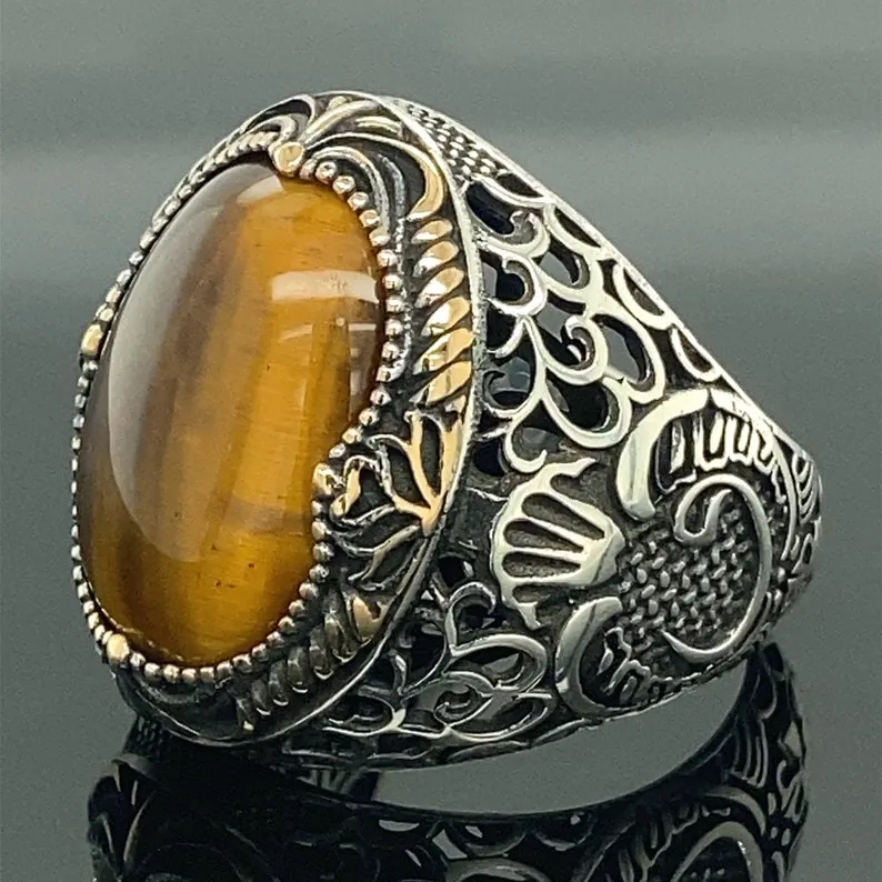 Men Handmade Ring , Tiger Eye Stone Ring , Natural Gemstone Ring , Vav Motif Ring ,Turkısh Handmade 925k Sterling Silver Ring ,