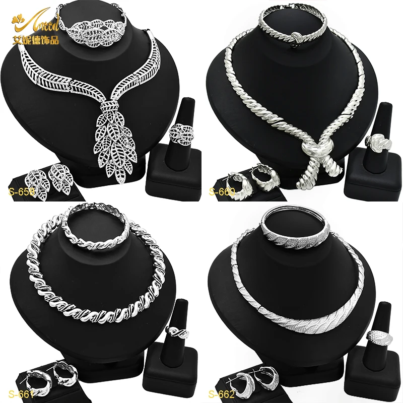 ANIID New Dubai Silver Color Jewelry Sets Indian Bride Wedding Ethiopia Nigerian Necklace Earrings Bracelet Ring Jewellery Gifts