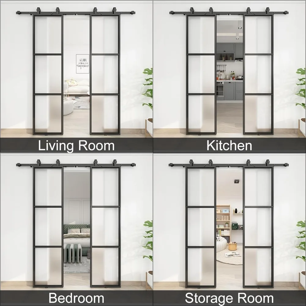 Double Barn Door with Hardware Kit and Soft Close Mechanism Include, 2 Sets of  Frosted Glass with Carbon Steel Frame Barn Door