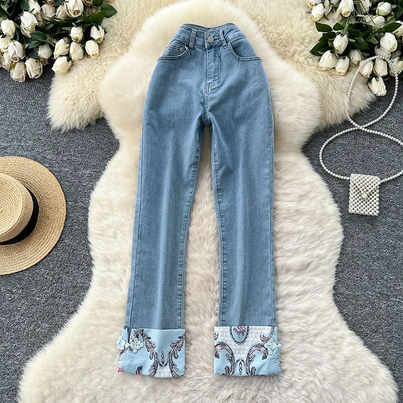 

Streetwear Vintage Denim Pants Female High Waist Zipper Jacquard Splice Chic Design 2025 Classic Versatile Slim Jeans