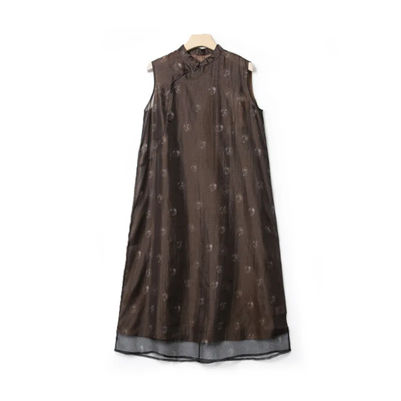 Plant Dyed Organza Hazy Vintage Printed Dress New Chinese Sleeveless Midi Skirt