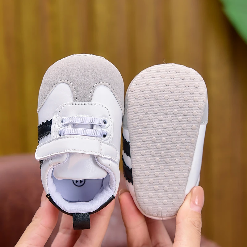 Frühlings- und Herbst-Babyschuhe, farblich abgesetzte, gestreifte Babyschuhe mit Klettverschluss, Lauflernschuhe mit weicher Sohle für Neugeborene, 0–12 Monate, Schuhe für Jungen und Mädchen – Detail 4