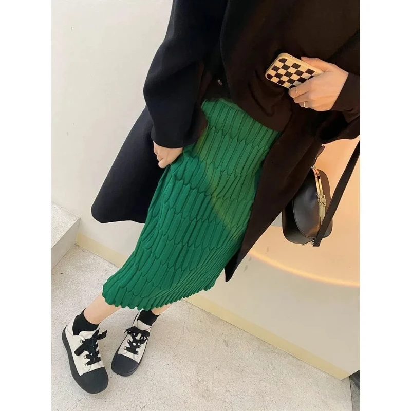 Autumn Winter Women's Solid Color Sweater Knitted Elastic High Waisted Elegant Screw Thread Bag Hip Straight Ankle Skirts