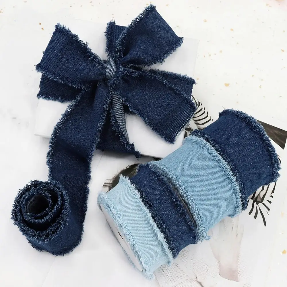 Blue Cowboy Denim Ribbon Hairclip Bows Solid Color Handmade Fringe Silk Ribbon 1.5Yards Jeans Cloth Fabric Wedding Invitations