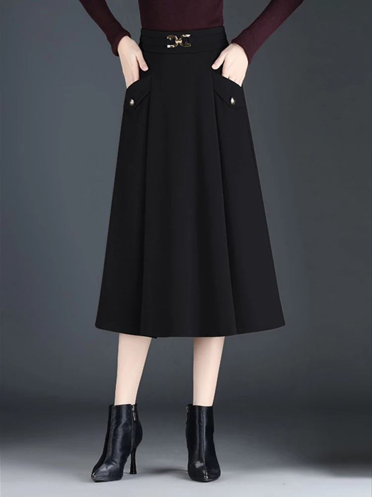 High waisted mid length pleated skirt women's autumn and winter new fashion commuting elegant slimming A-line half skirt