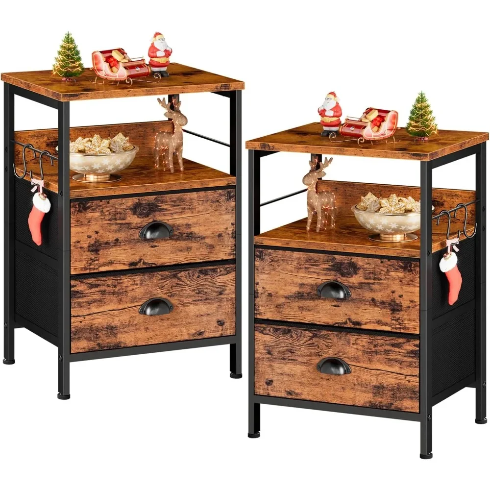 Nightstands Set 2, Bedside Table with 2 Fabric Drawers, End Table with Hooks and Shelf, for Bedroom/Living Room/Study/Hallway