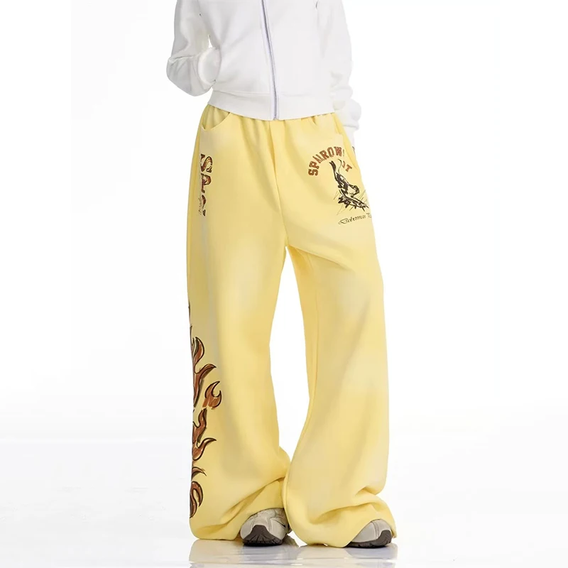 Y2K-pantalones de pierna ancha con estampado de llama para mujer, ropa de calle americana, pantalones informales sueltos, Pantalones rectos que combinan con todo de Hip Hop, Otoño e Invierno
