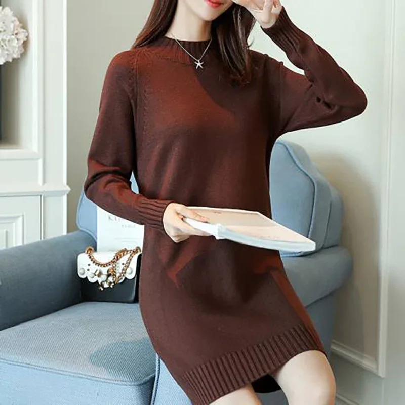 Fashion Loose Stand Collar Knitted Solid Color Casual Dresses Women\'s Clothing Autumn Winter Oversized Commuter Mini Dress N567