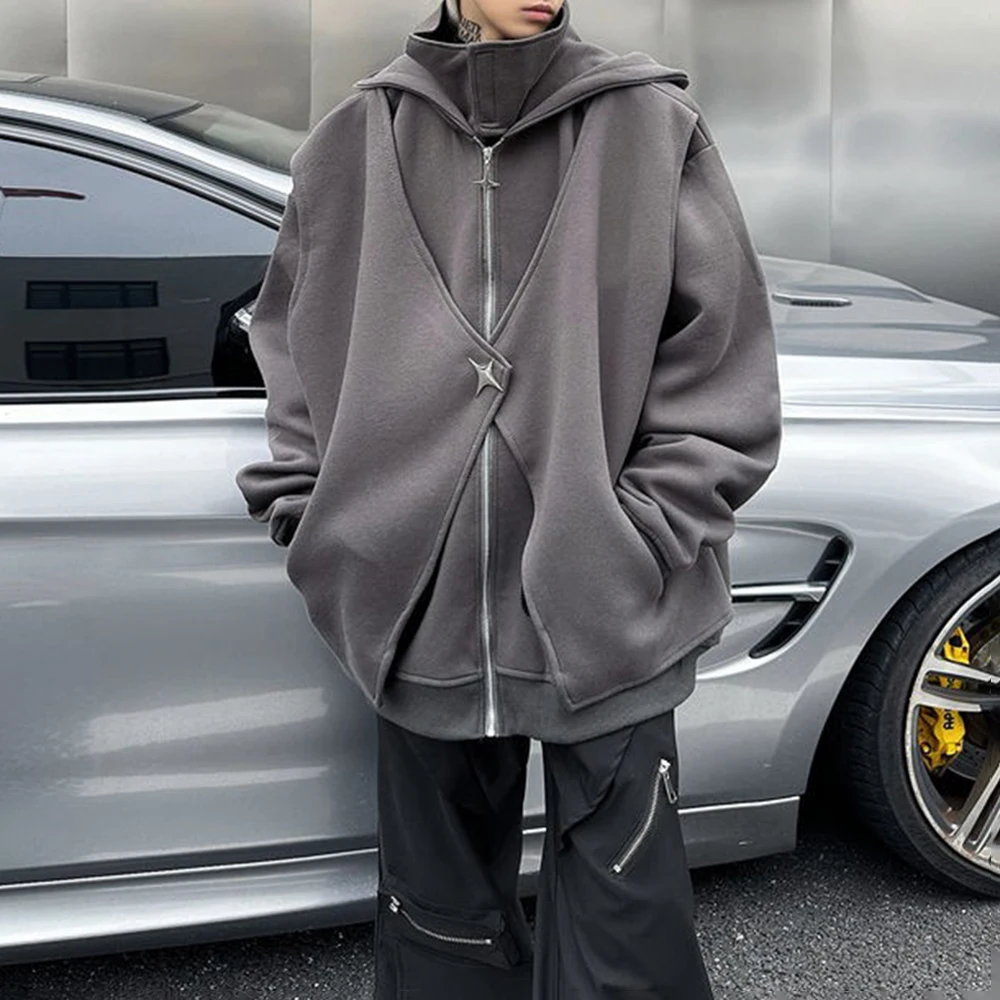 Mens Fashion Y2k Fake Two-Piece Cardigan Sweatshirt Autumn Winter High Street American Style Heavy Trend Functional Jacket Men