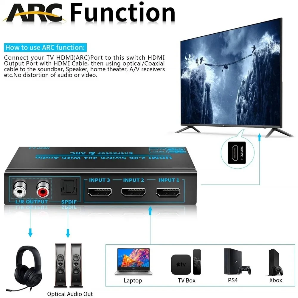 4K 60Hz HDMI-Compatible Switcher Audio Extractor 3-in-1-out HDMI Audio Switch with R/L+SPDIF +3.5 Jack Audio Switch 3x1 Adapter