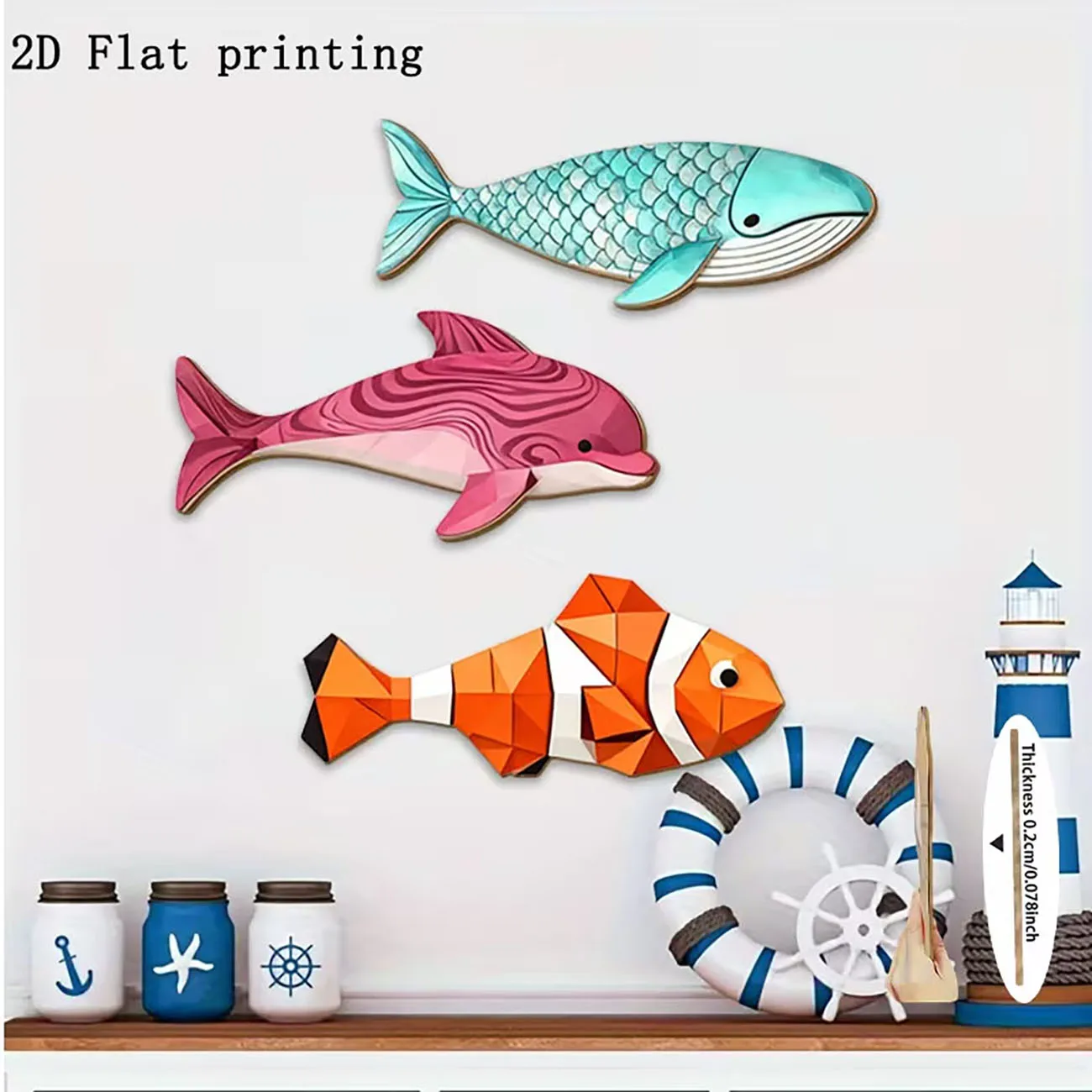 3Pcs Whale Dolphin Clownfish Wooden Wall Stickers Double Sided Nano Tape No Drill 2D Flat Print Coastal Wall Decor
