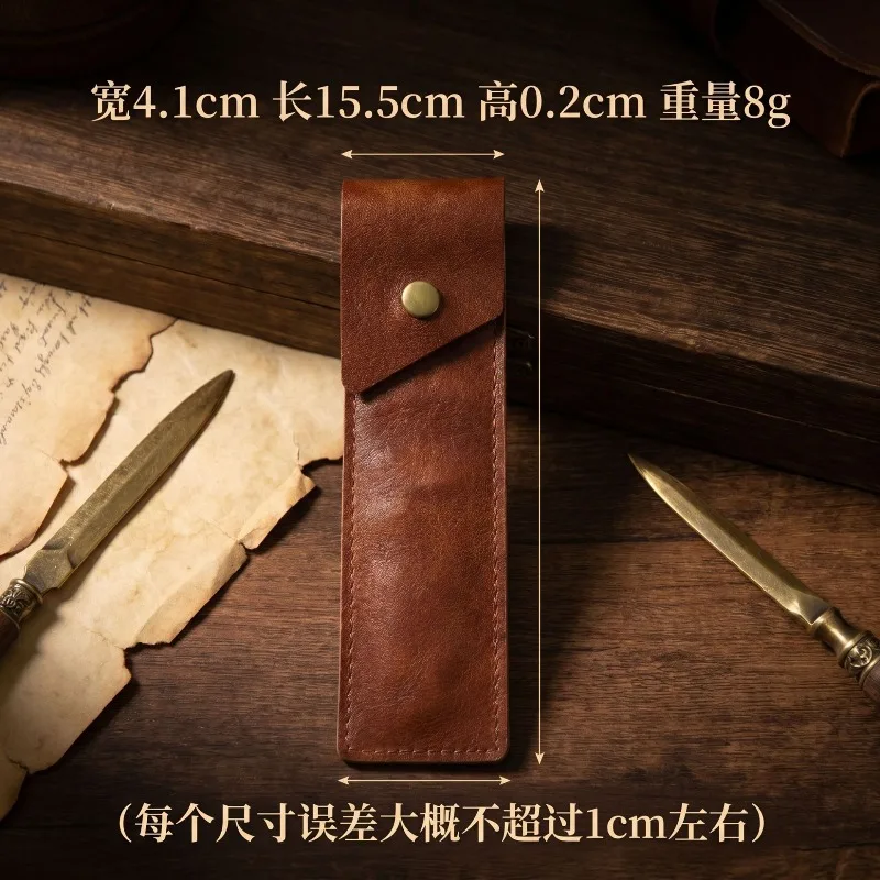 Thin‑Style High‑quality PU Leather Pen Storage Pouch, Hand Sewn Edge, Metal Snap‑Button Two‑slot Lightweight Portable Pen Holder