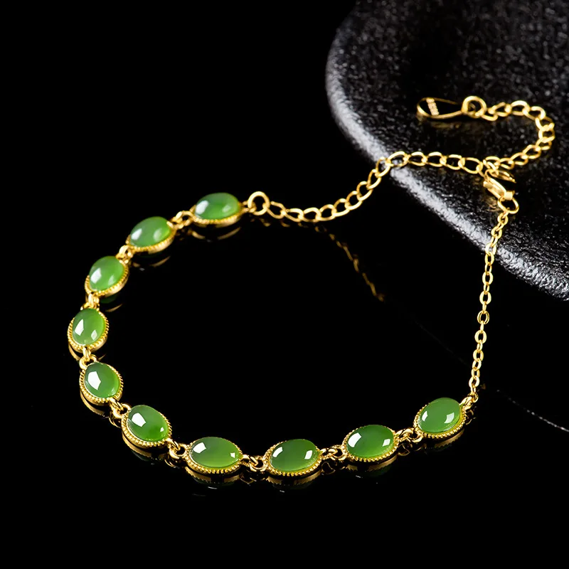 Natural Hetian jade bracelet, S925 silver bracelet with jade egg-shaped stone, women's fashionable and high-end gift