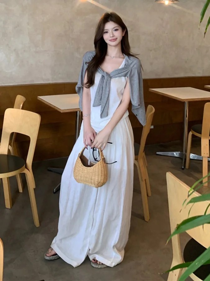 

Lazy Style Casual Three-Piece Set Summer New Knitted Sunscreen Open Cardigan Base Vest Top Wide Leg Pants Women's Fashion