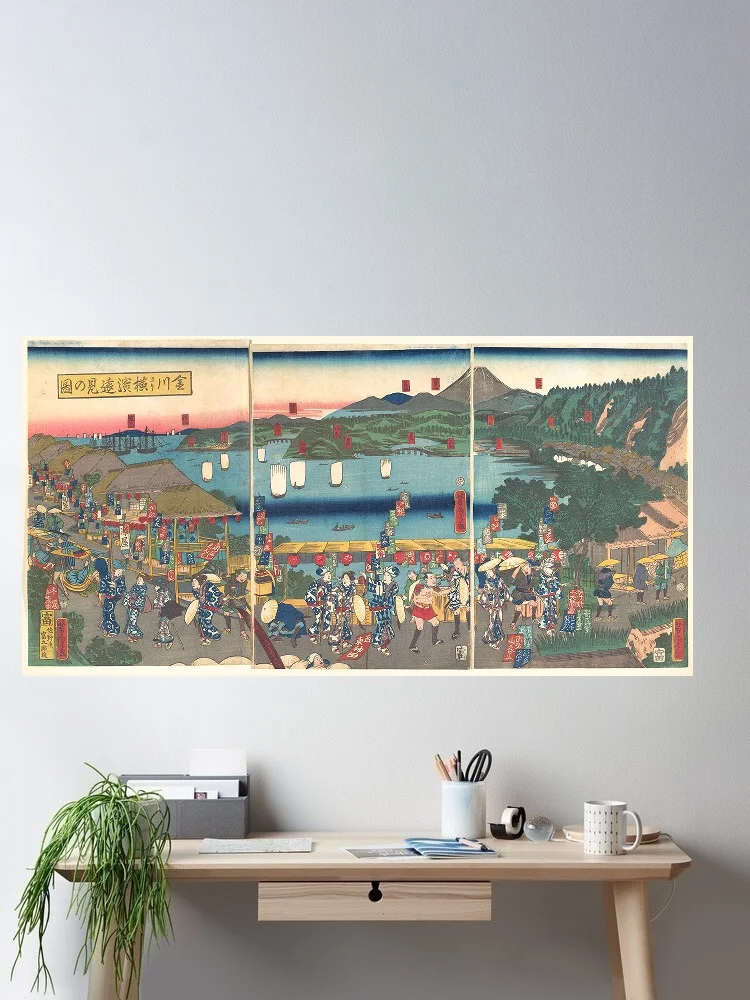 A Distant View of Yokohama from Kanagawa (Kanagawa yōri Yokohama...ken no zu) Utagawa Yoshitora  , Art Print Canvas Poster
