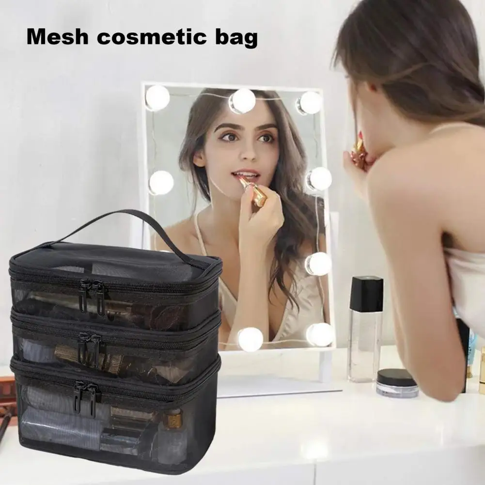 Organizador de maquillaje de viaje, bolsa de cosméticos de malla multicapa portátil con capacidad, cierre de cremallera Visible para viaje