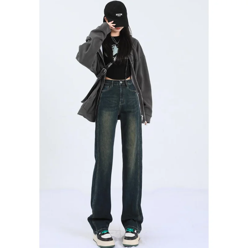 

Blue Jeans Women High Waist American Wide Leg Pants Fashion Hip Hop Vintage Female Street 2023 Straight Summer Solid Trouser