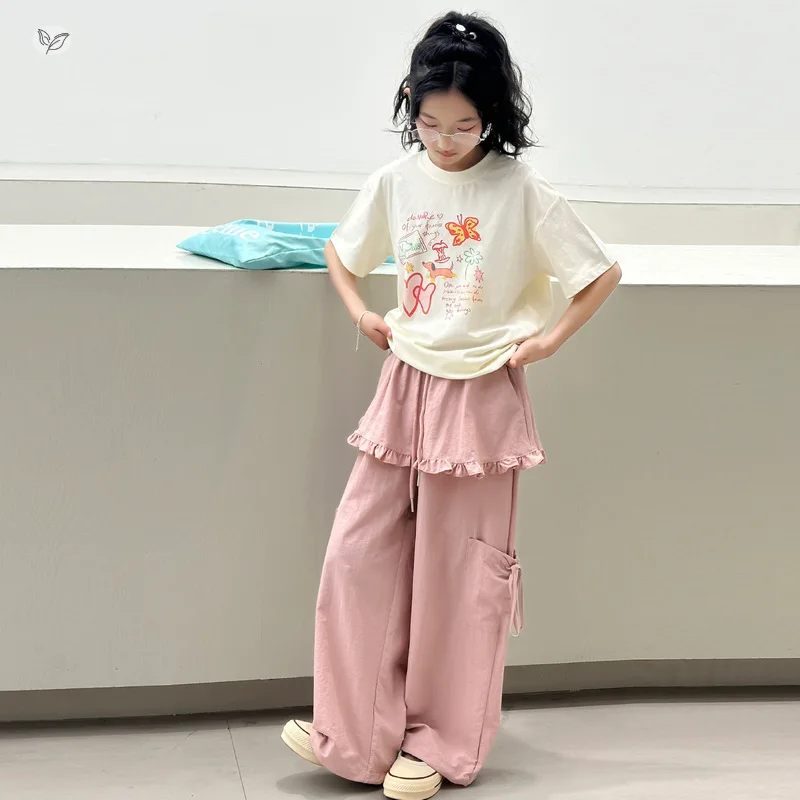 Girls' Sweet Cool Summer Dress Set 2026 New Printed Short Sleeve T-shirt Lace Butt Curtain Work Pants Wide Leg Pants Thin