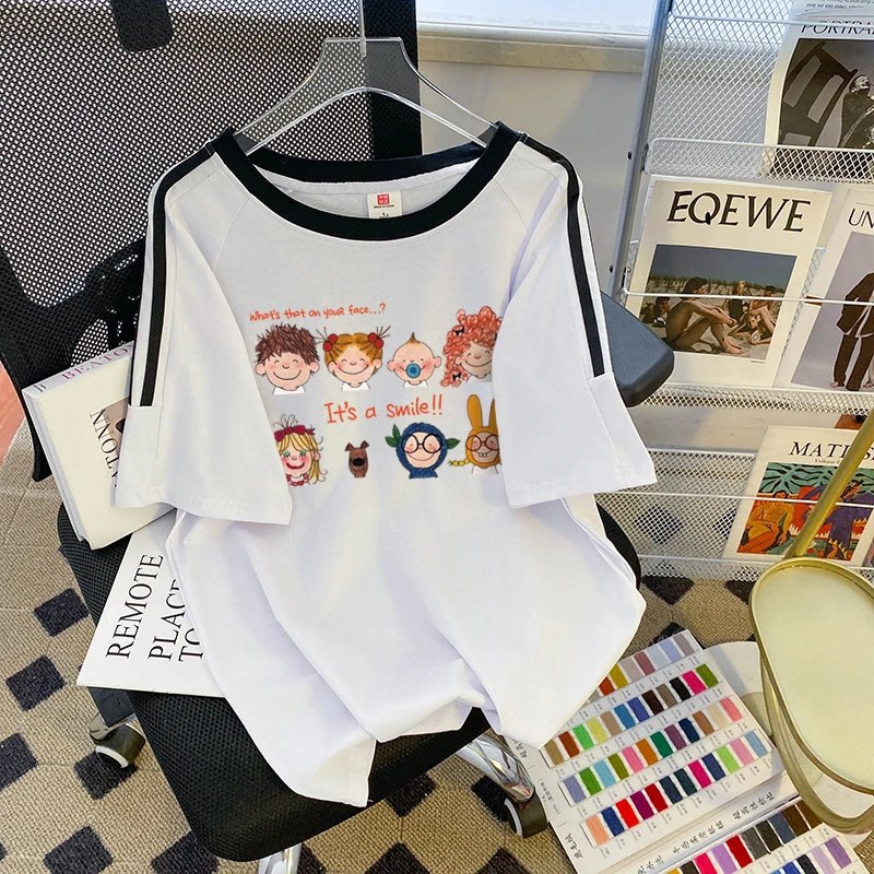 2024 Summer Round Neck Short Sleeve T-shirt Women's Wear New Loose Cotton Design Sense Three-bar Printed Top