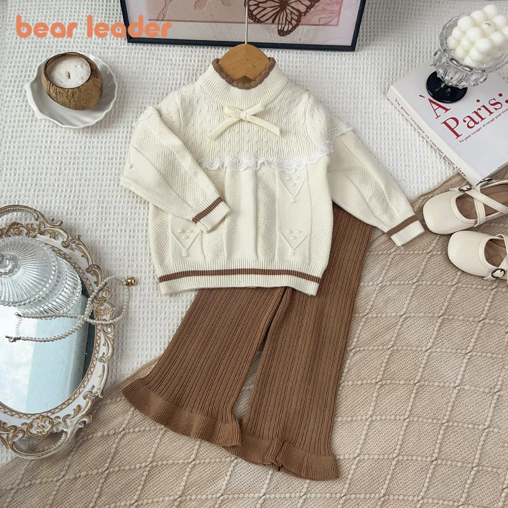 Bear Leader Long Sleeved Sweater Set Korean Version Girls' Clothes Bow Decoration Long Sleeved Lace Patchwork Top + Flared Pants