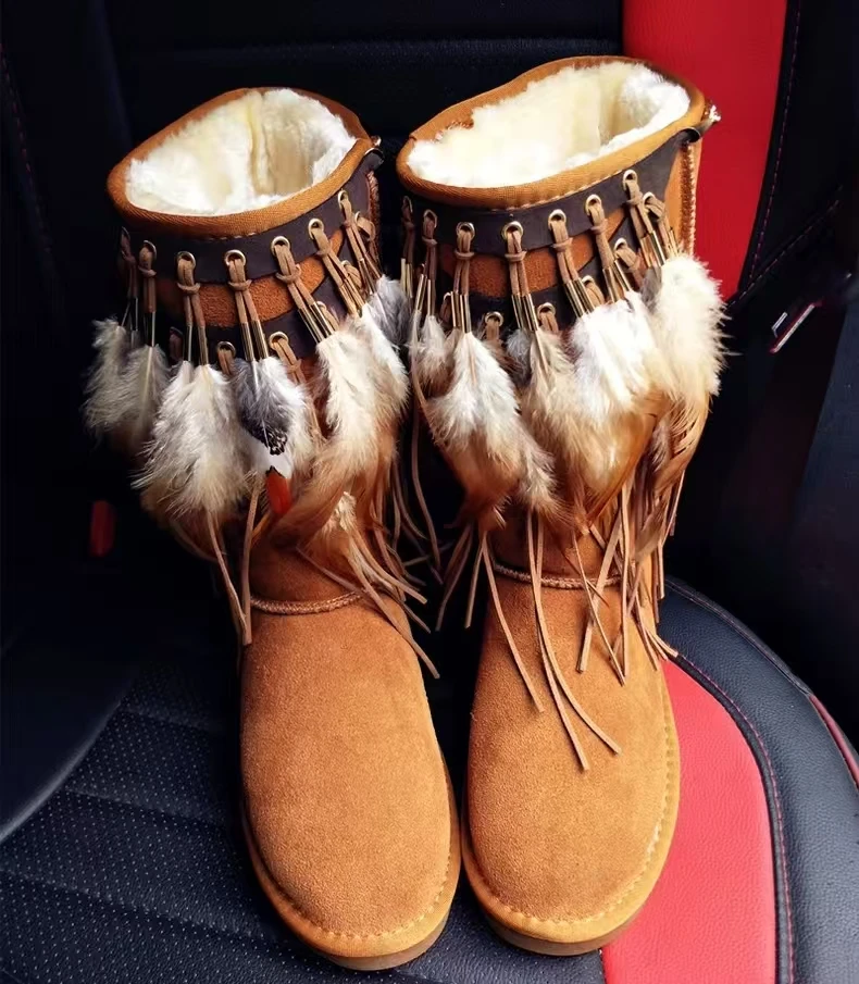 Large-sized fringed ethnic style women's cotton shoes, comfortable fur integrated thickened snow boots 35-40