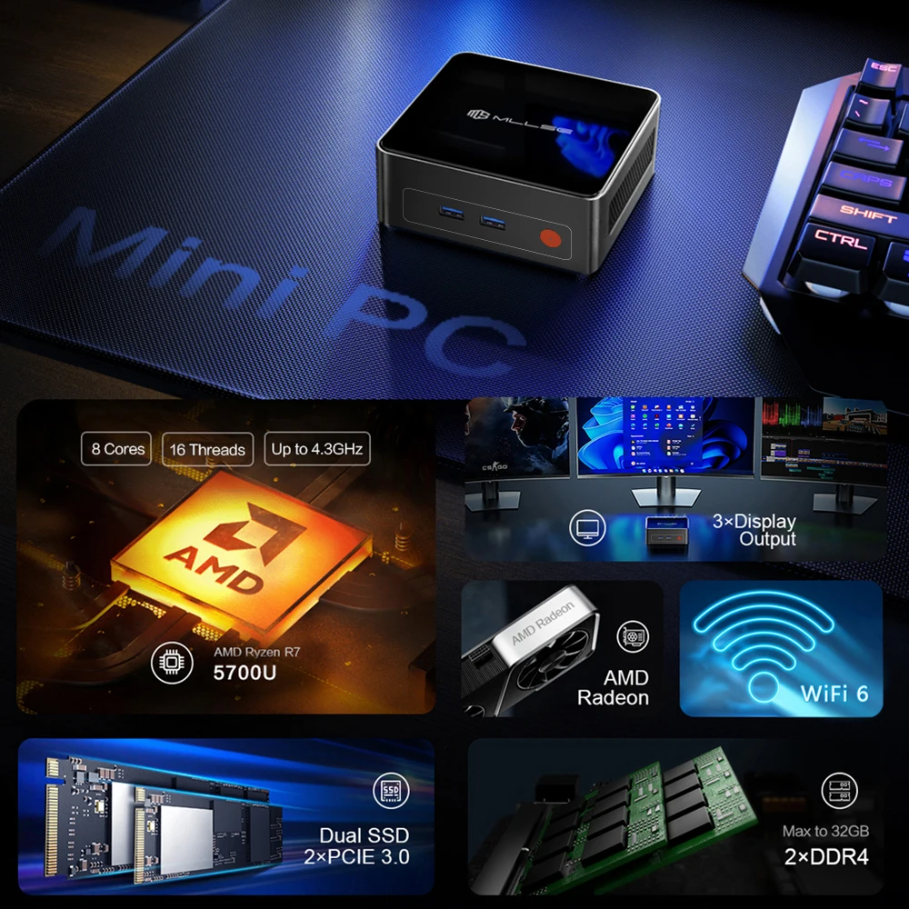 MLLSE G1 Pro Mini PC AMD Ryzen 7 5700U 16GB RAM 512GB M.2 SSD USB Type-C Desktop Computer Support Triple 4K Display WiFi 6 BT5.2