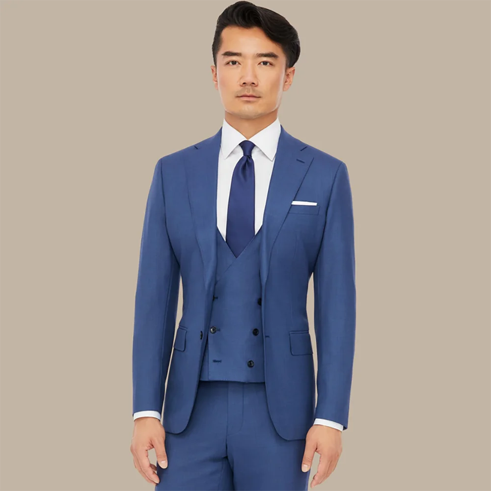 Refined Men Blue Slim Fit Three Piece Suit Single Button Notched Lapel Blazer Vest Pants Wedding Groom Formal Business Tuxedo