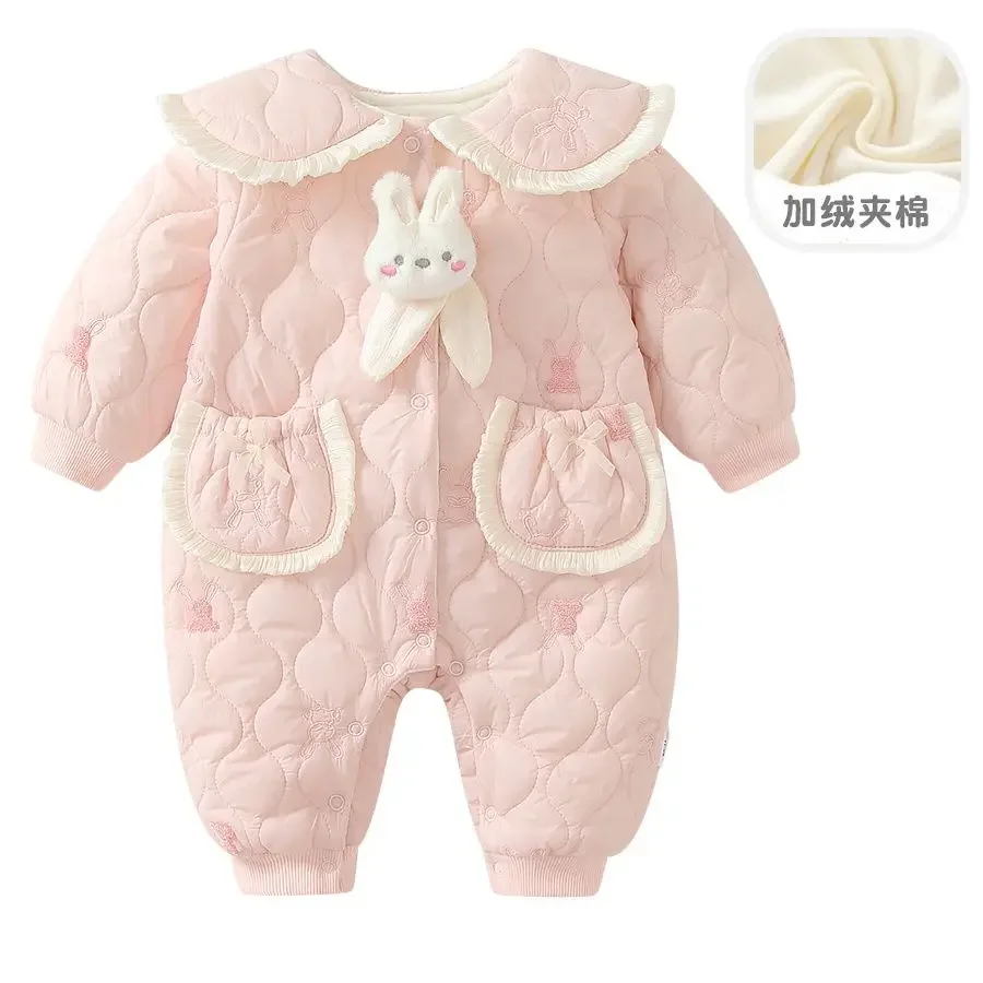 

2024 Cute Rabbit Embroidery Overalls Baby Girls Long Ears Romper Jumpsuits Winter Thicken Warm Onesie Bodysuit Soft Kids Clothes