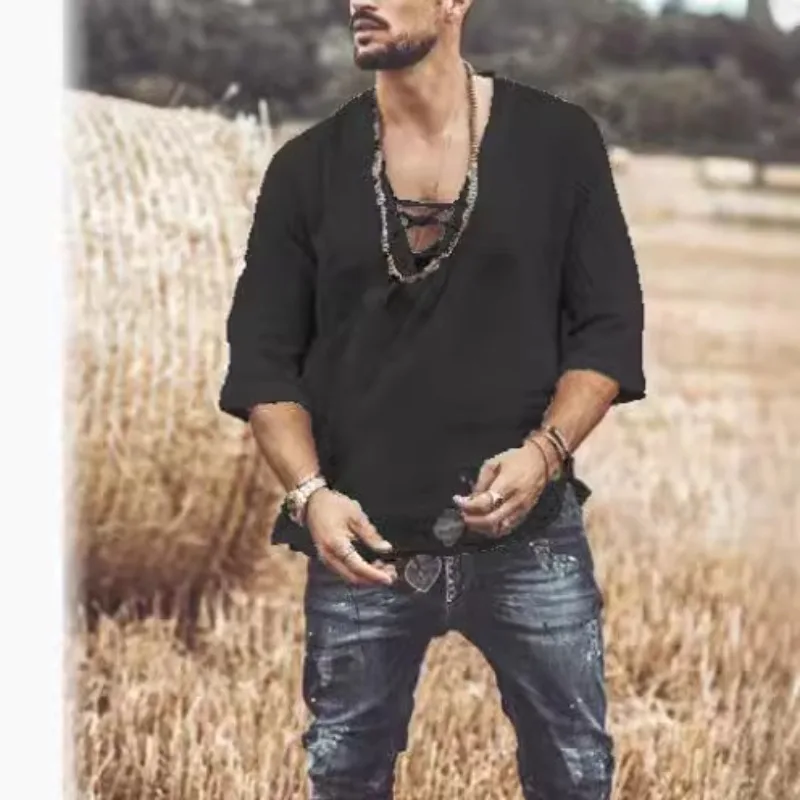Men's Cotton Linen T-shirt Tops Casual Lace Up V-neck Half Sleeve Solid Loose Shirt New 2026 Men Summer Beach Vacation Shirts