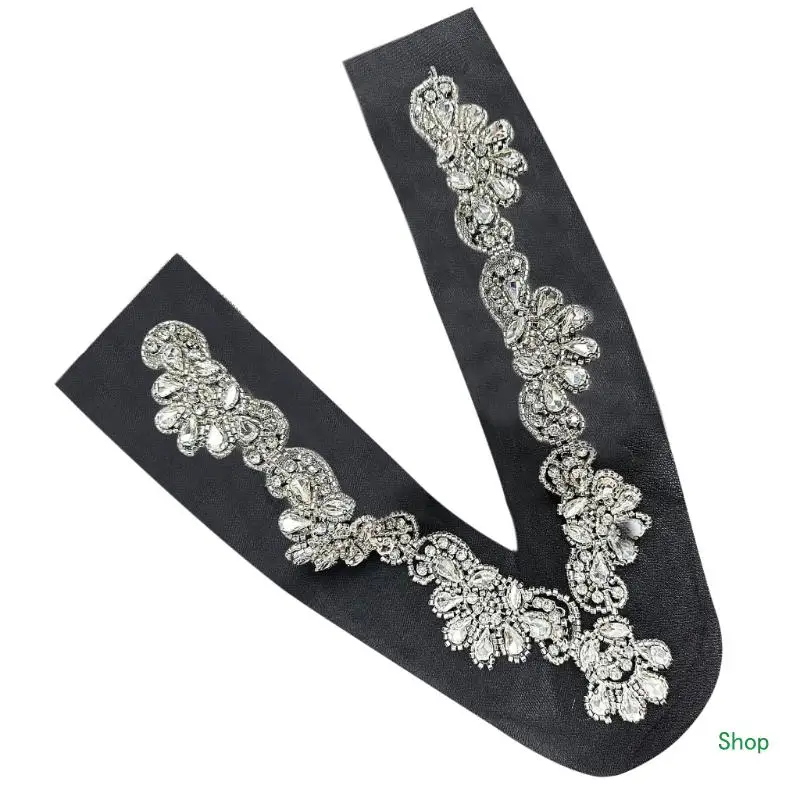 Dropship Women Rhinestones Sew On V Neckline Mesh Collar Appliques Trim for Weddings Parties Bridal Dresses Sewing Crafts