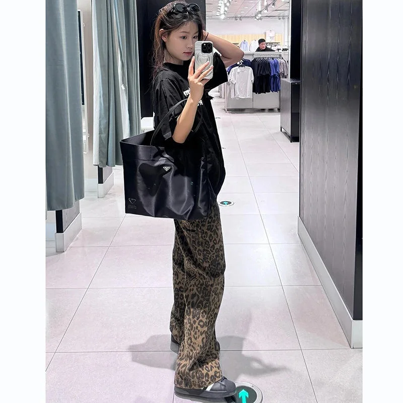 

Повседневные широкие джинсы с леопардовым принтом, женские свободные винтажные прямые брюки с прямыми штанинами на весну и осень