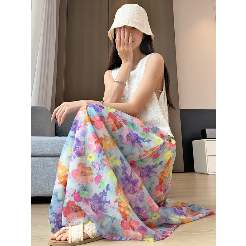 

Beach Style 2025 New Arrival Summer Women Casual Floral Elegance A-line Skirt All-match Elastic Waist Ankle-length Skirts T137